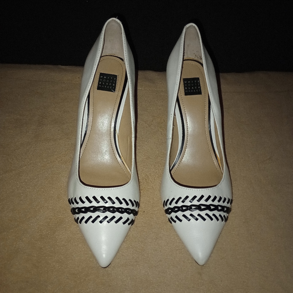White House Black Market White Pointed Toe Heels with Black Braid Detail
